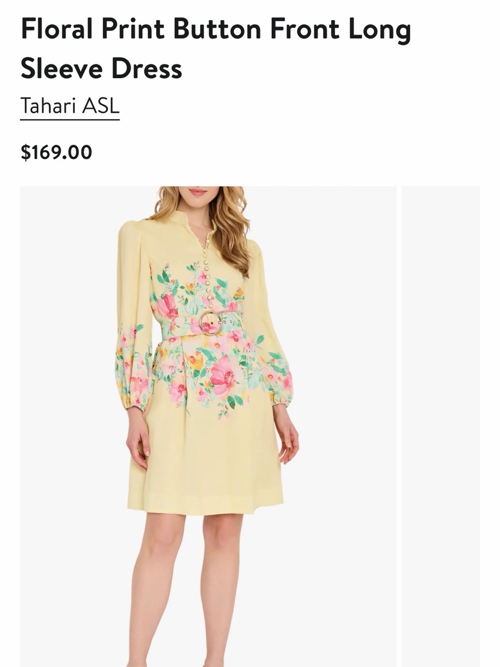 Tahari ASL Pale Yellow Floral Belted Long Sleeve Dress NWT
